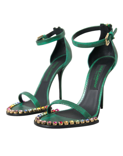 Grüne Sandalen aus exotischem Leder mit Kristallen
