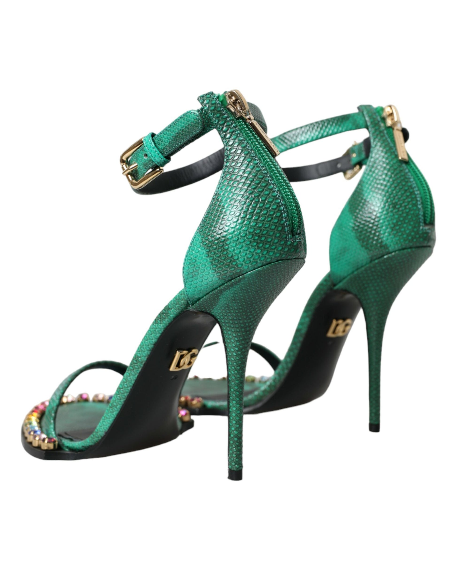 Grüne Sandalen aus exotischem Leder mit Kristallen