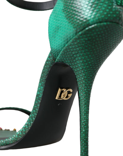 Grüne Sandalen aus exotischem Leder mit Kristallen