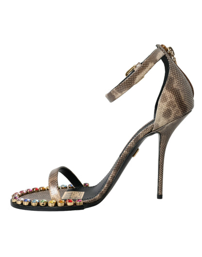 Braune Sandalen aus exotischem Leder mit Kristallen