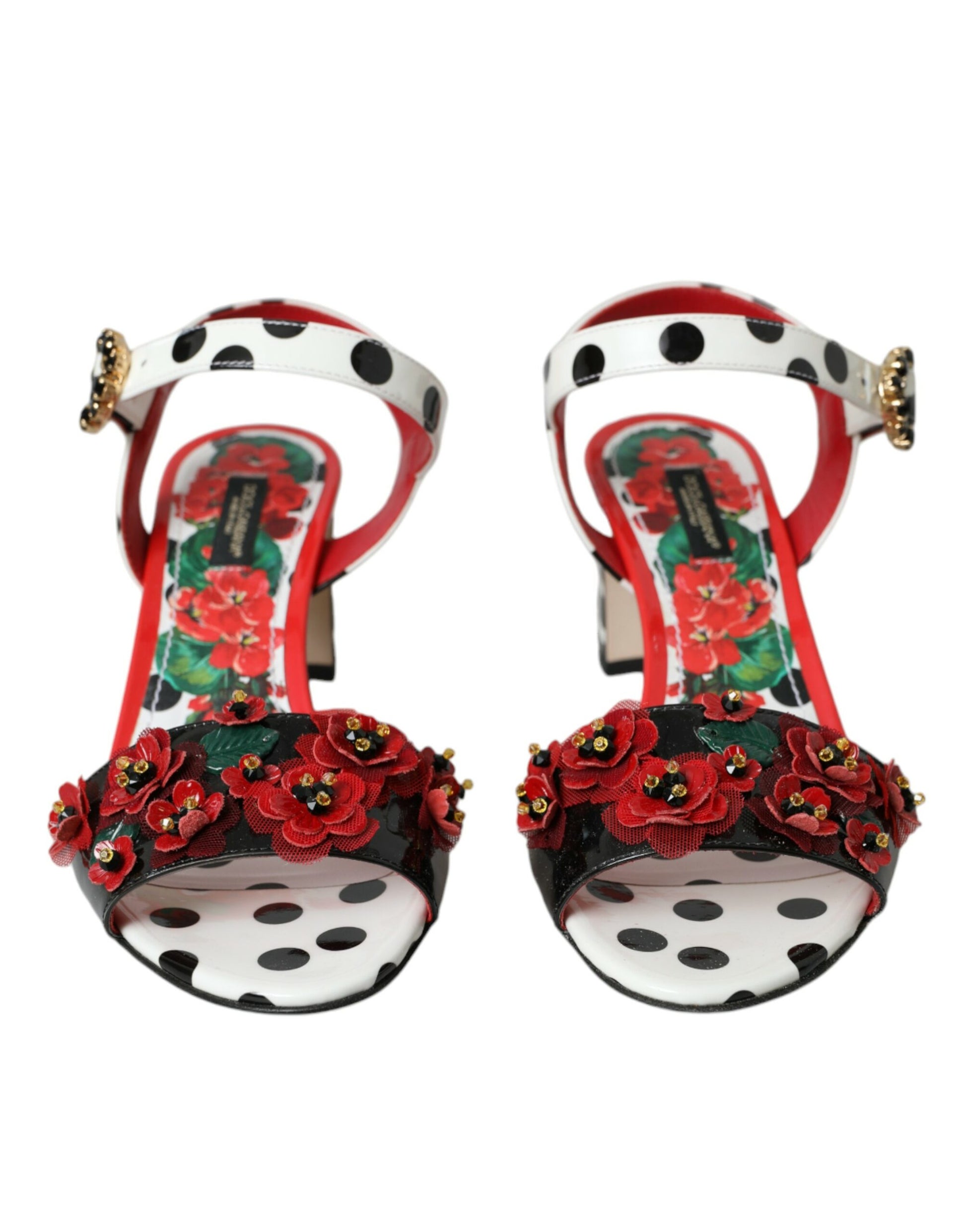 Mehrfarbige Sandalen aus Leder mit Blumenmuster und Kristallen