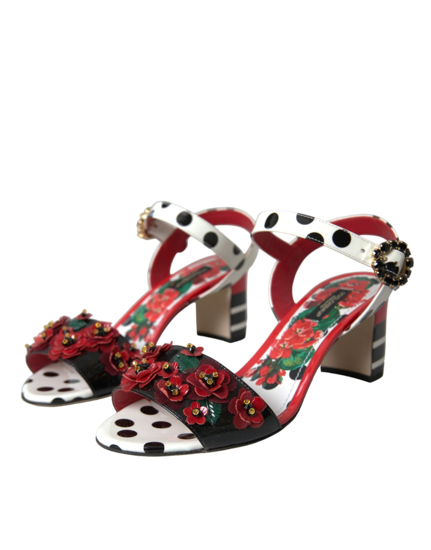 Mehrfarbige Sandalen aus Leder mit Blumenmuster und Kristallen