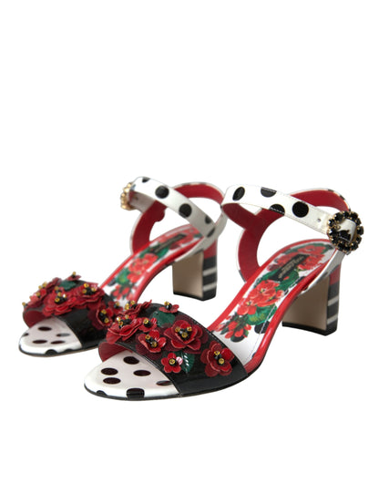 Mehrfarbige Sandalen aus Leder mit Blumenmuster und Kristallen