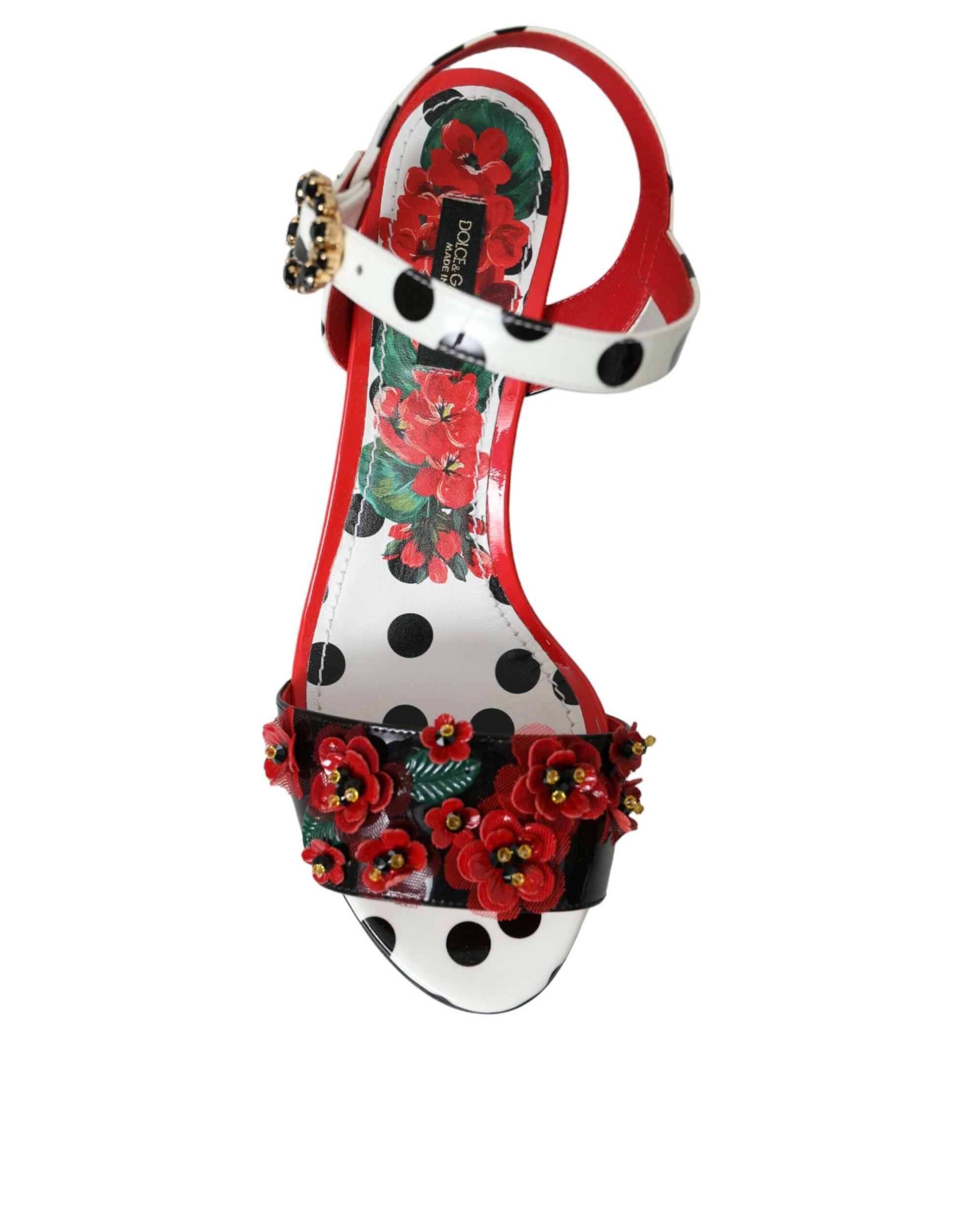 Mehrfarbige Sandalen aus Leder mit Blumenmuster und Kristallen