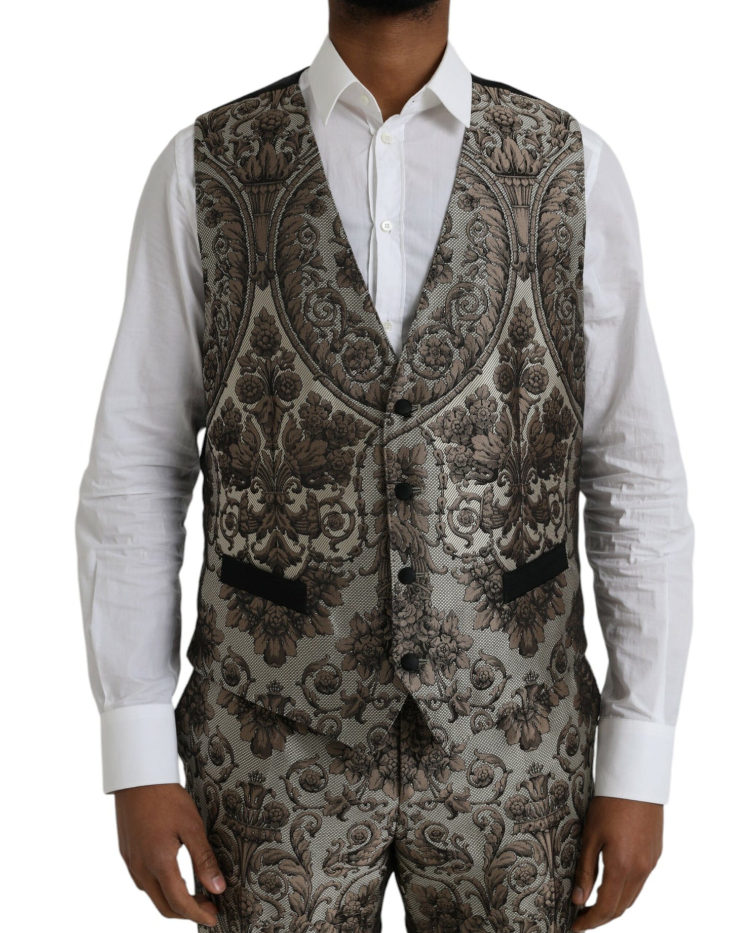 Brauner formeller dreiteiliger Jacquardanzug mit Blumenmuster