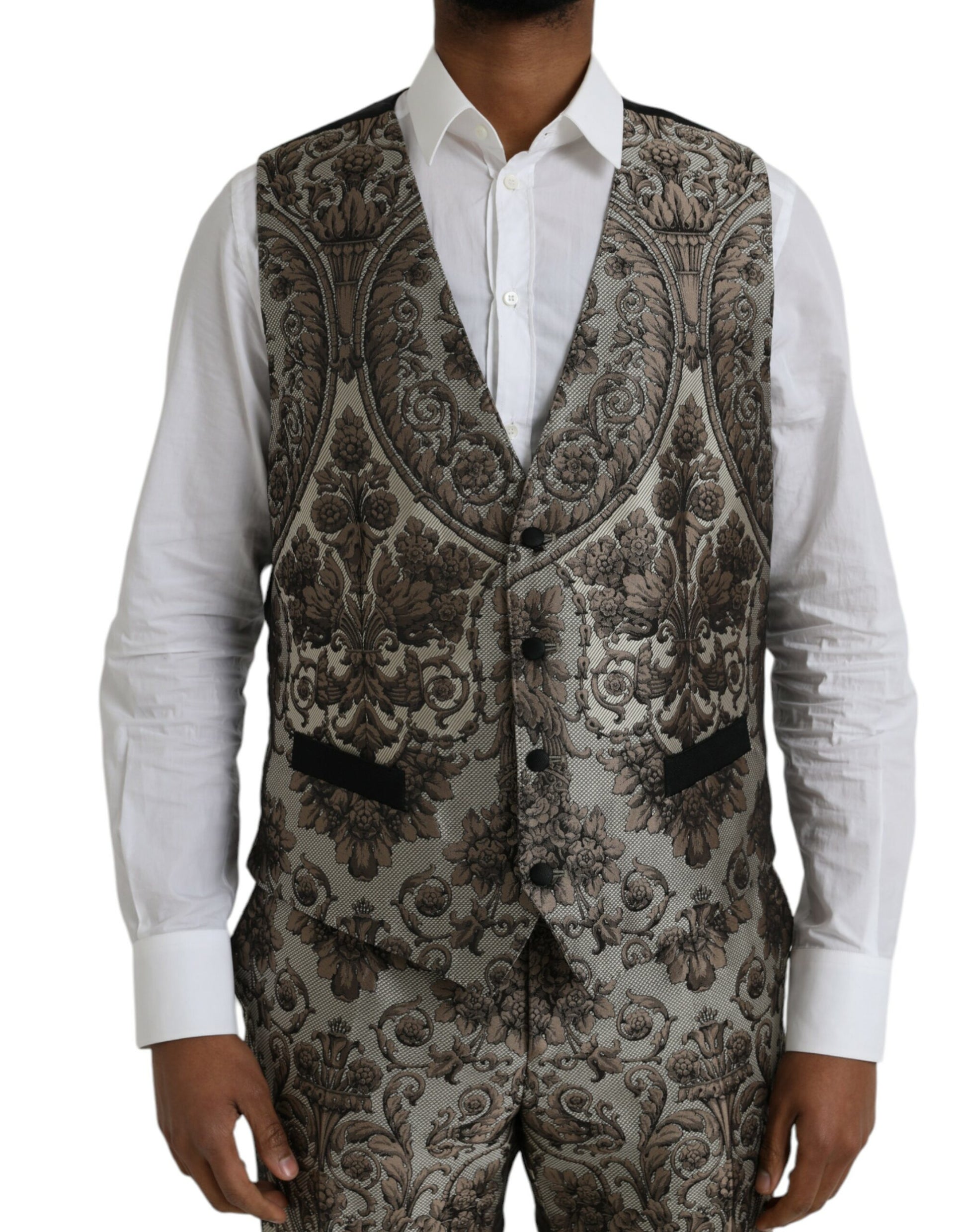Brauner formeller dreiteiliger Jacquardanzug mit Blumenmuster