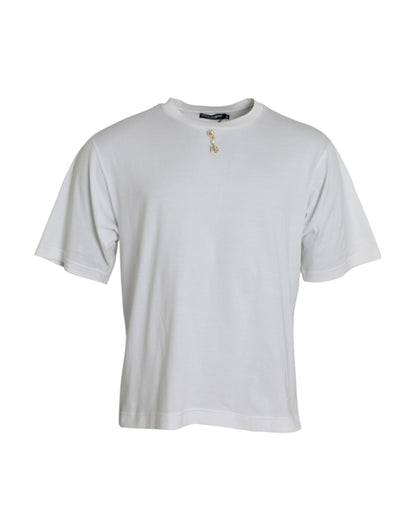 Weißes, verziertes T-Shirt aus Baumwolle mit Rundhalsausschnitt