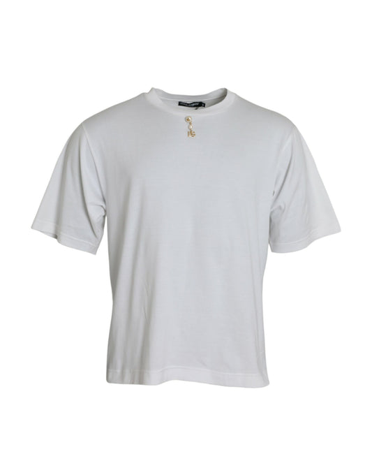 Weißes, verziertes T-Shirt aus Baumwolle mit Rundhalsausschnitt