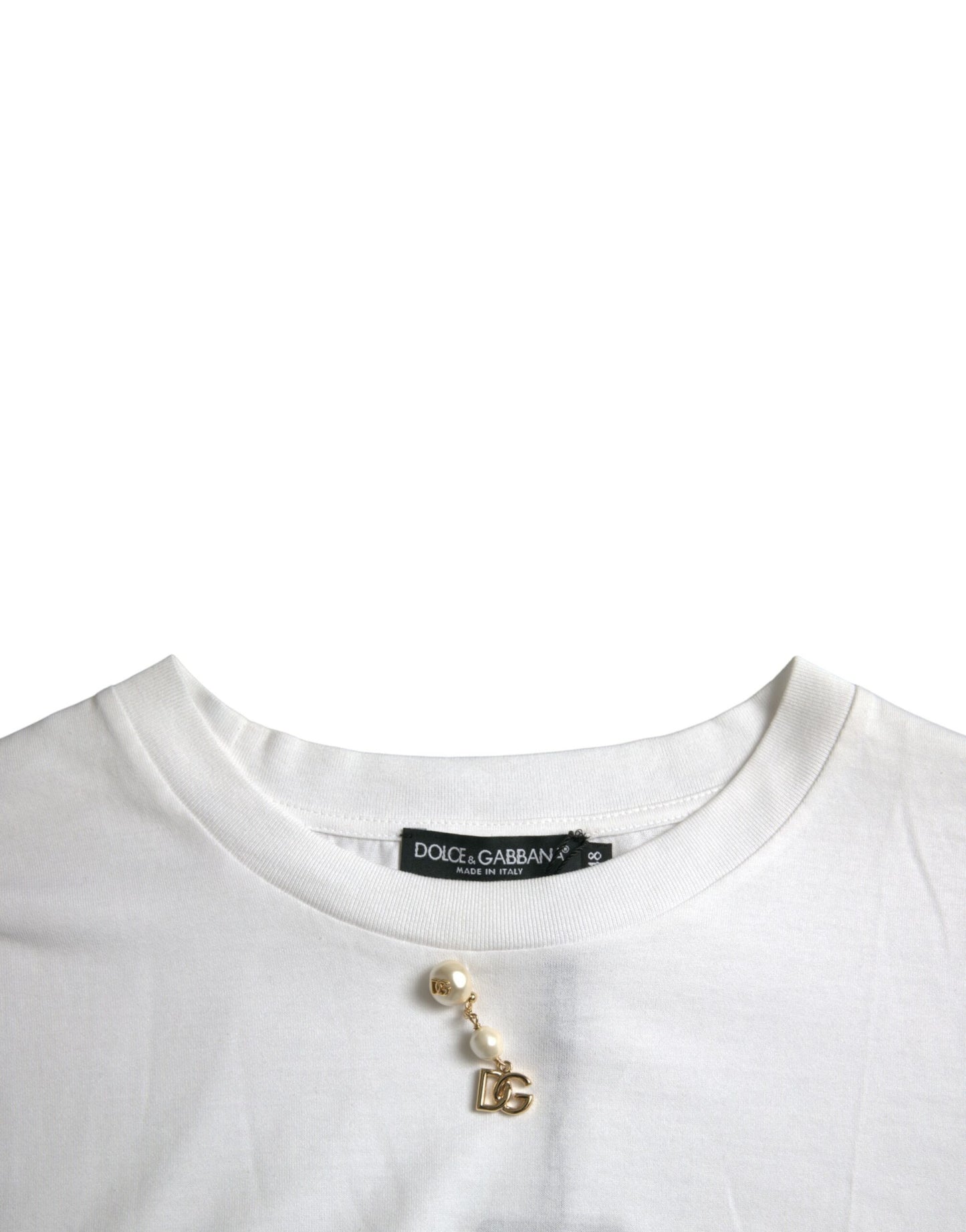 Weißes, verziertes T-Shirt aus Baumwolle mit Rundhalsausschnitt