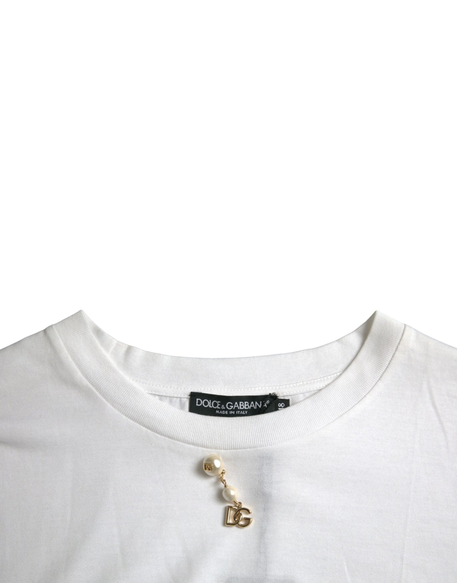 Weißes, verziertes T-Shirt aus Baumwolle mit Rundhalsausschnitt