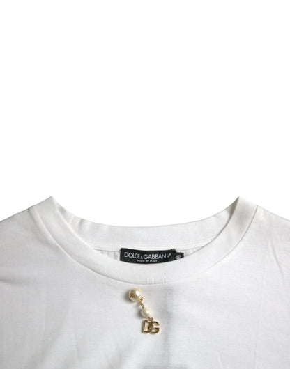 Weißes, verziertes T-Shirt aus Baumwolle mit Rundhalsausschnitt