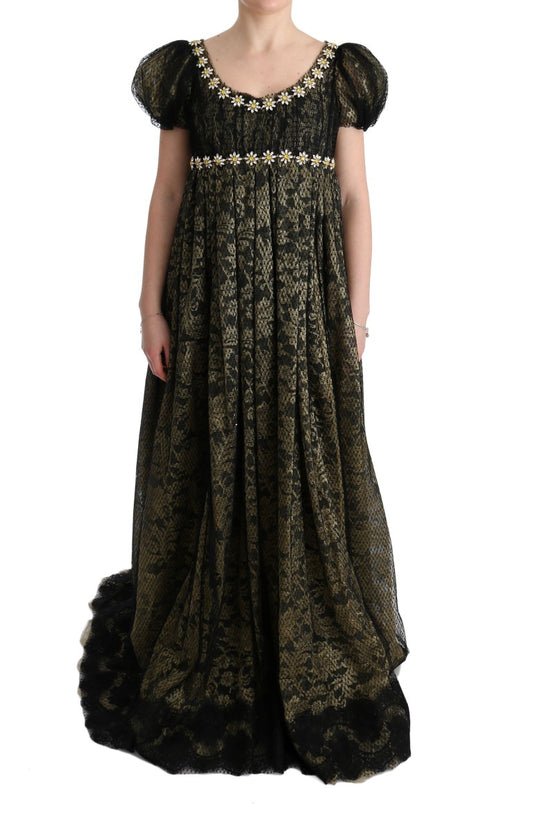 Maxi-Etuikleid mit Sonnenblumen-Spitze und Kristallen