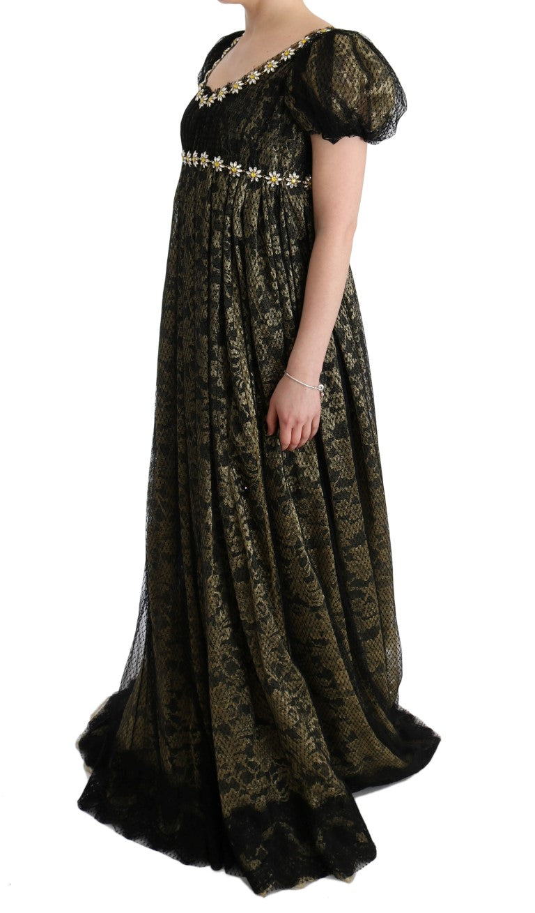 Maxi-Etuikleid mit Sonnenblumen-Spitze und Kristallen