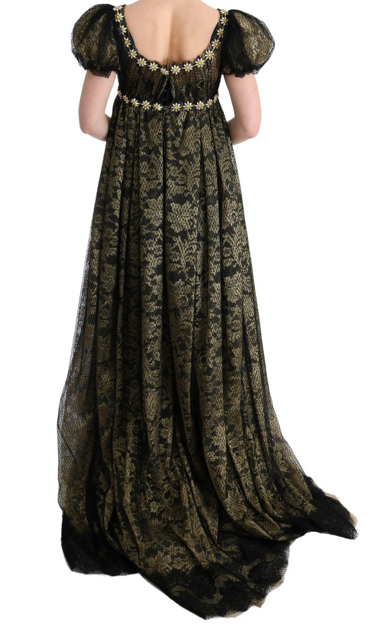 Maxi-Etuikleid mit Sonnenblumen-Spitze und Kristallen