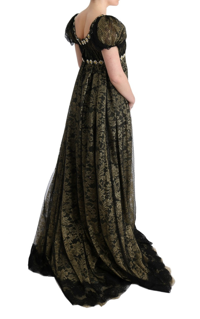 Maxi-Etuikleid mit Sonnenblumen-Spitze und Kristallen