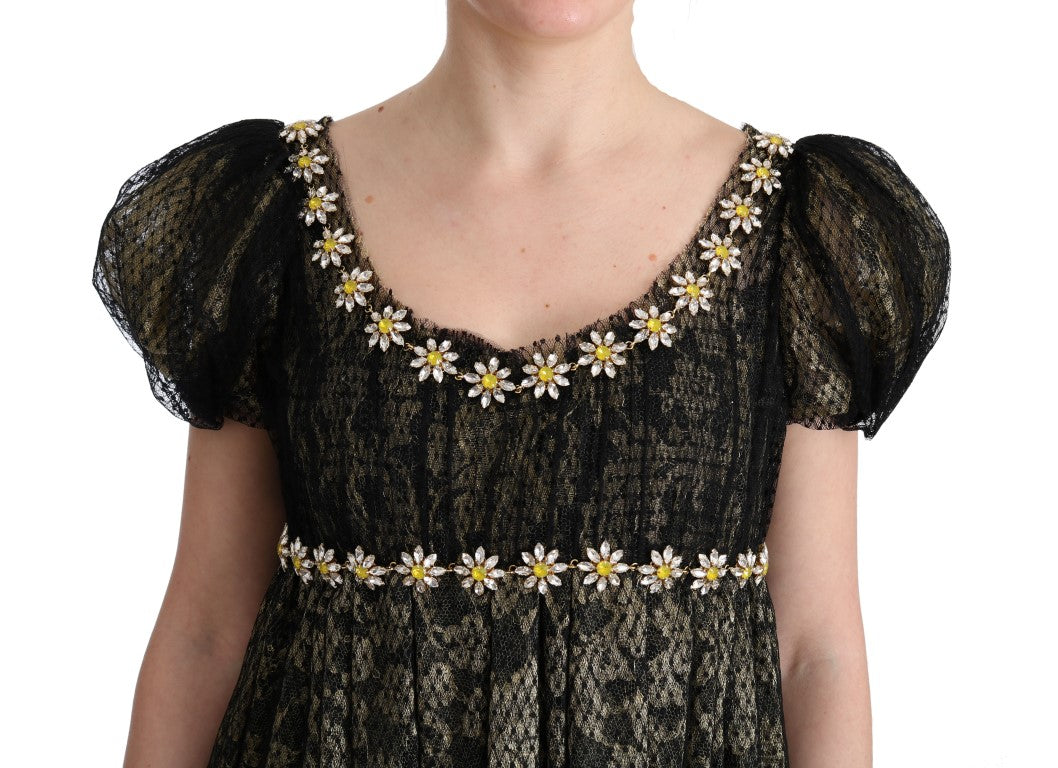 Maxi-Etuikleid mit Sonnenblumen-Spitze und Kristallen