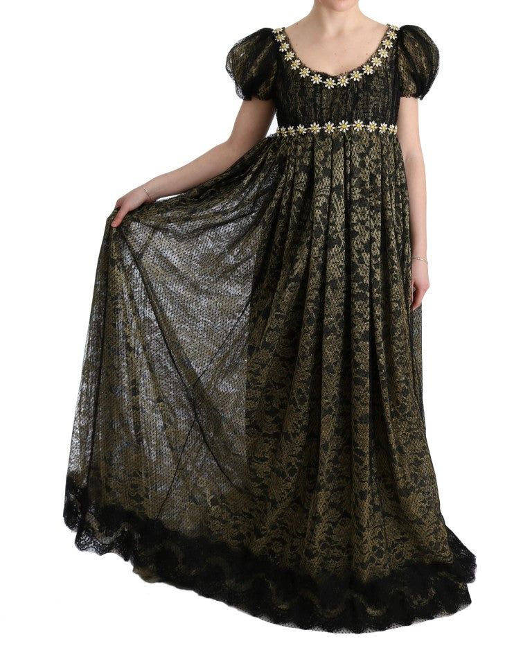 Maxi-Etuikleid mit Sonnenblumen-Spitze und Kristallen