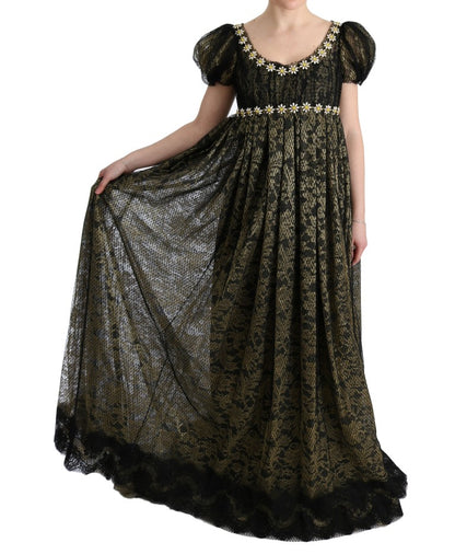 Maxi-Etuikleid mit Sonnenblumen-Spitze und Kristallen