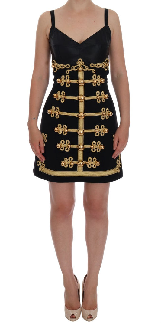 Elegantes schwarzes ärmelloses A-Linien-Kleid mit goldenen Details