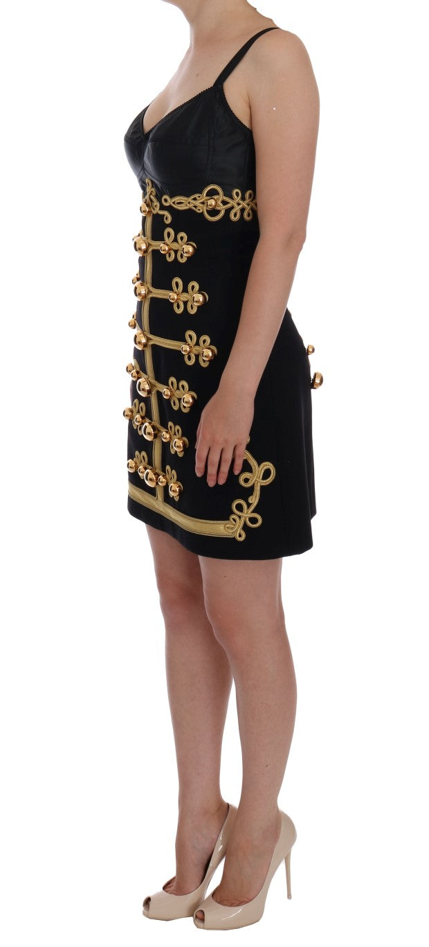 Elegantes schwarzes ärmelloses A-Linien-Kleid mit goldenen Details