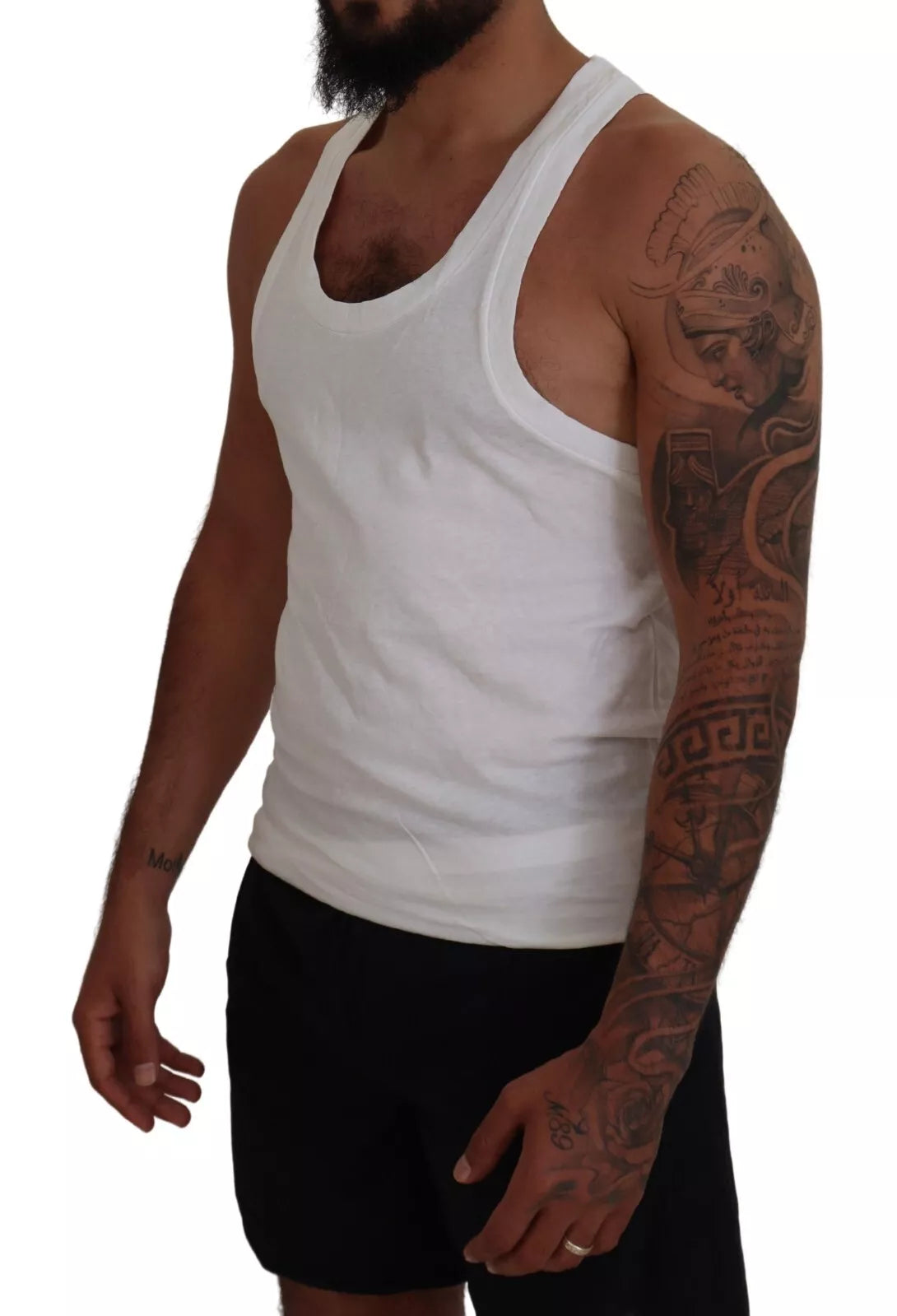 Weißes ärmelloses Tank-T-Shirt aus Baumwollleinen