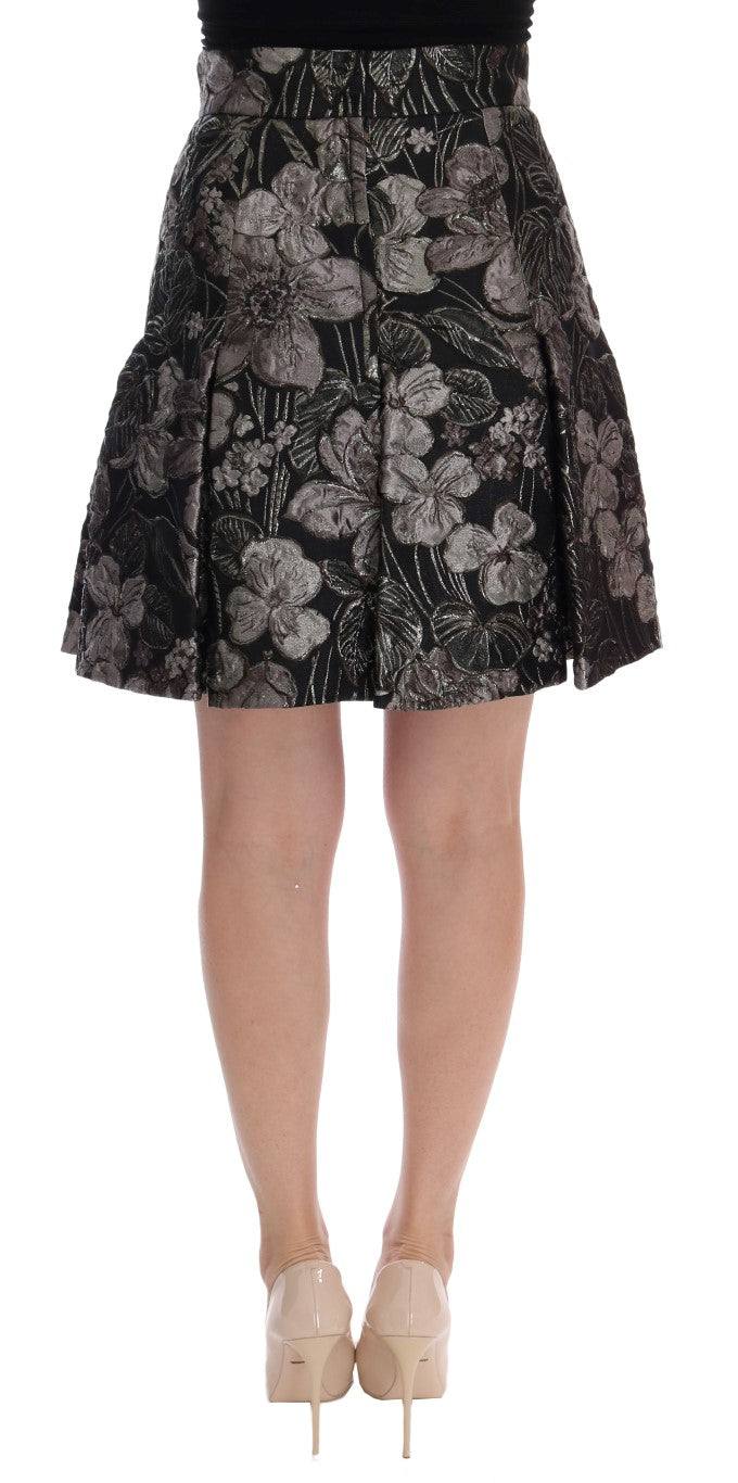 Eleganter gerader Rock in Schwarz mit silbernem Blumenmuster