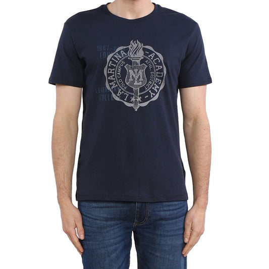 Jersey-T-Shirt mit Rundhalsausschnitt und Grafik - Raffinierte blaue Baumwolle
