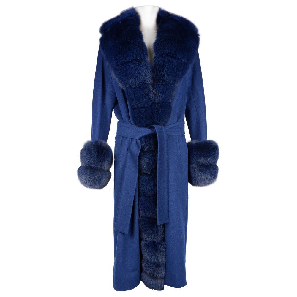 Blue Wool Women Coat with Fox Fur Collar and Edges