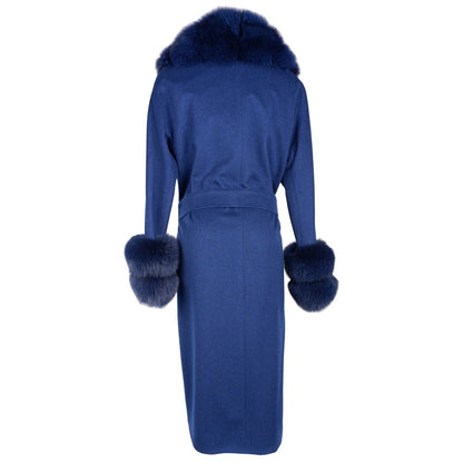 Blue Wool Women Coat with Fox Fur Collar and Edges