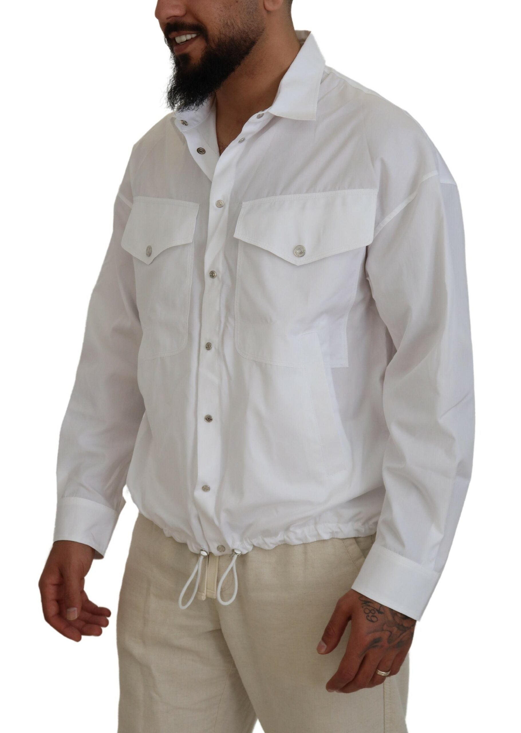 Weiße lässige Herrenjacke mit langen Ärmeln und Baumwollkragen