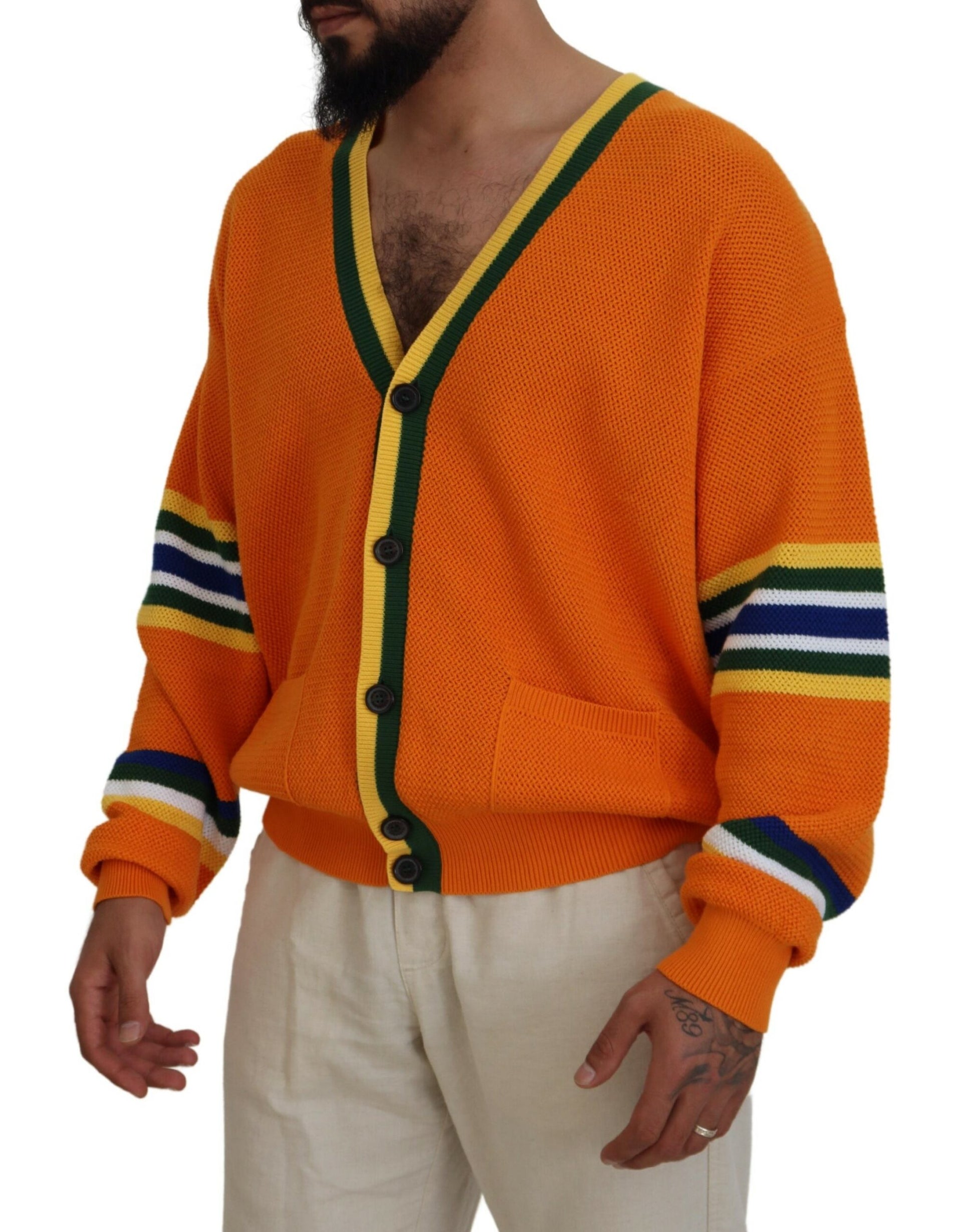 Orangefarbener, langärmliger Herren-Strickpullover aus Baumwolle