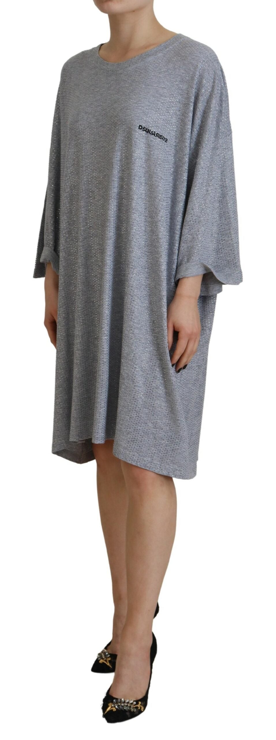 Graues, mit Kristallen verziertes langärmliges Baumwollkleid