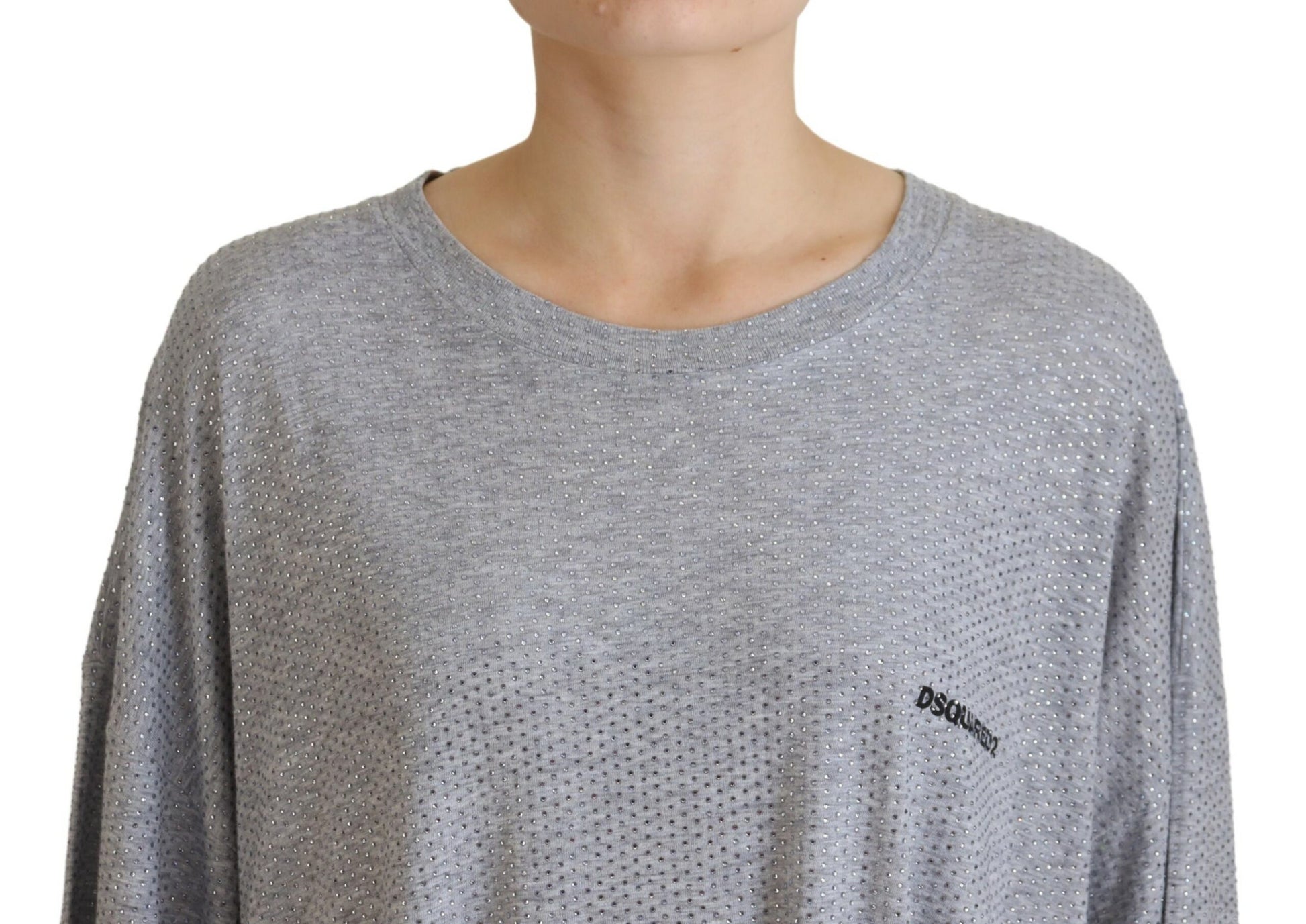Graues, mit Kristallen verziertes langärmliges Baumwollkleid