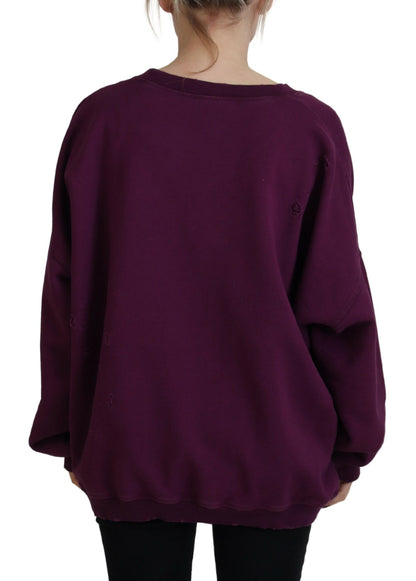 Lilafarbener Langarmpullover aus Baumwolle mit Distressed-Print