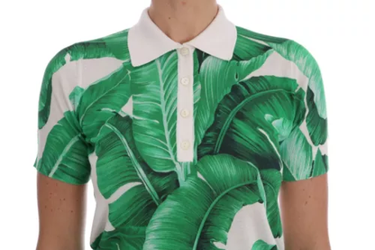 Grünes Seiden-Poloshirt mit Bananen-Print