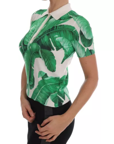 Grünes Seiden-Poloshirt mit Bananen-Print