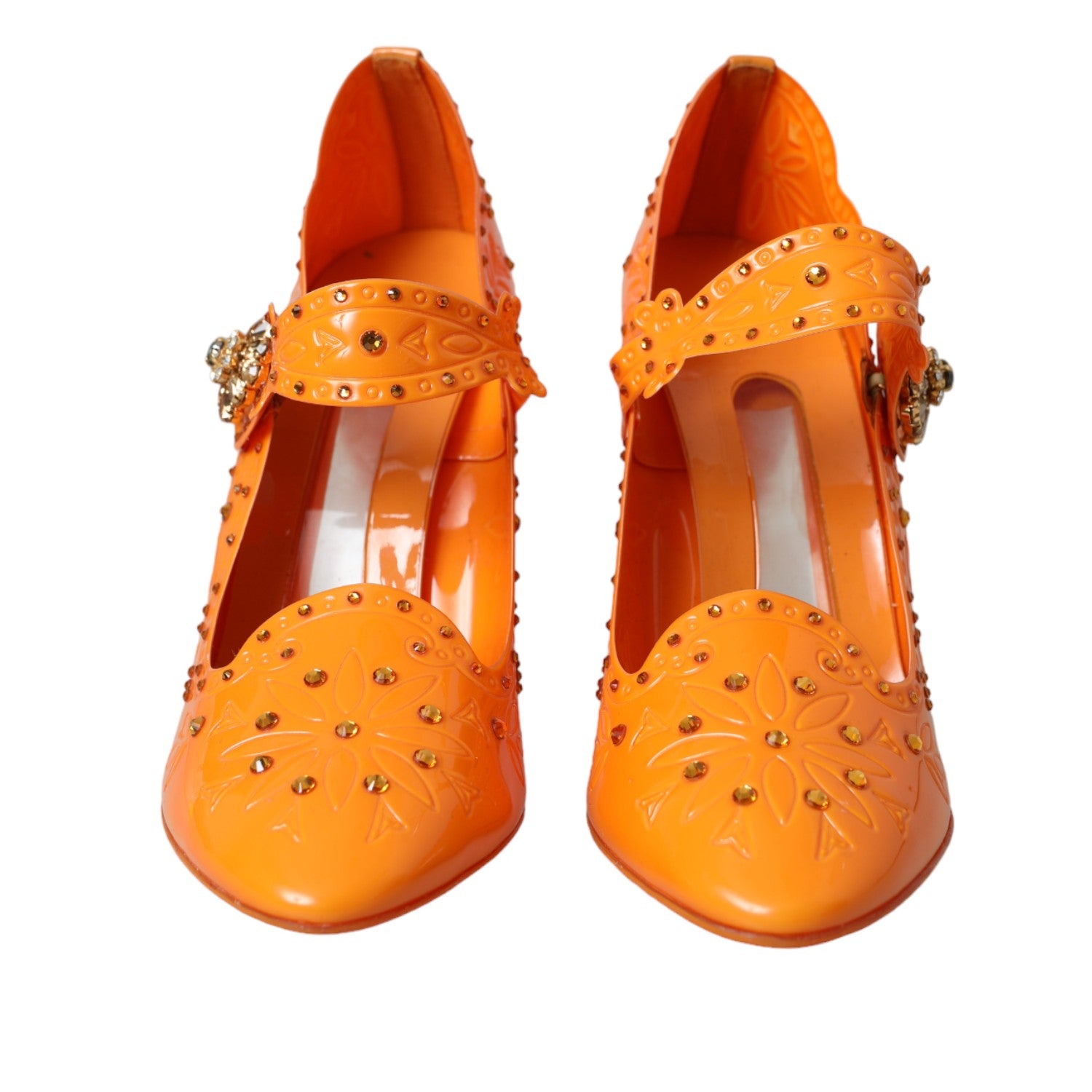 Orange CINDERELLA Pumps mit Blumenmuster und Kristallen