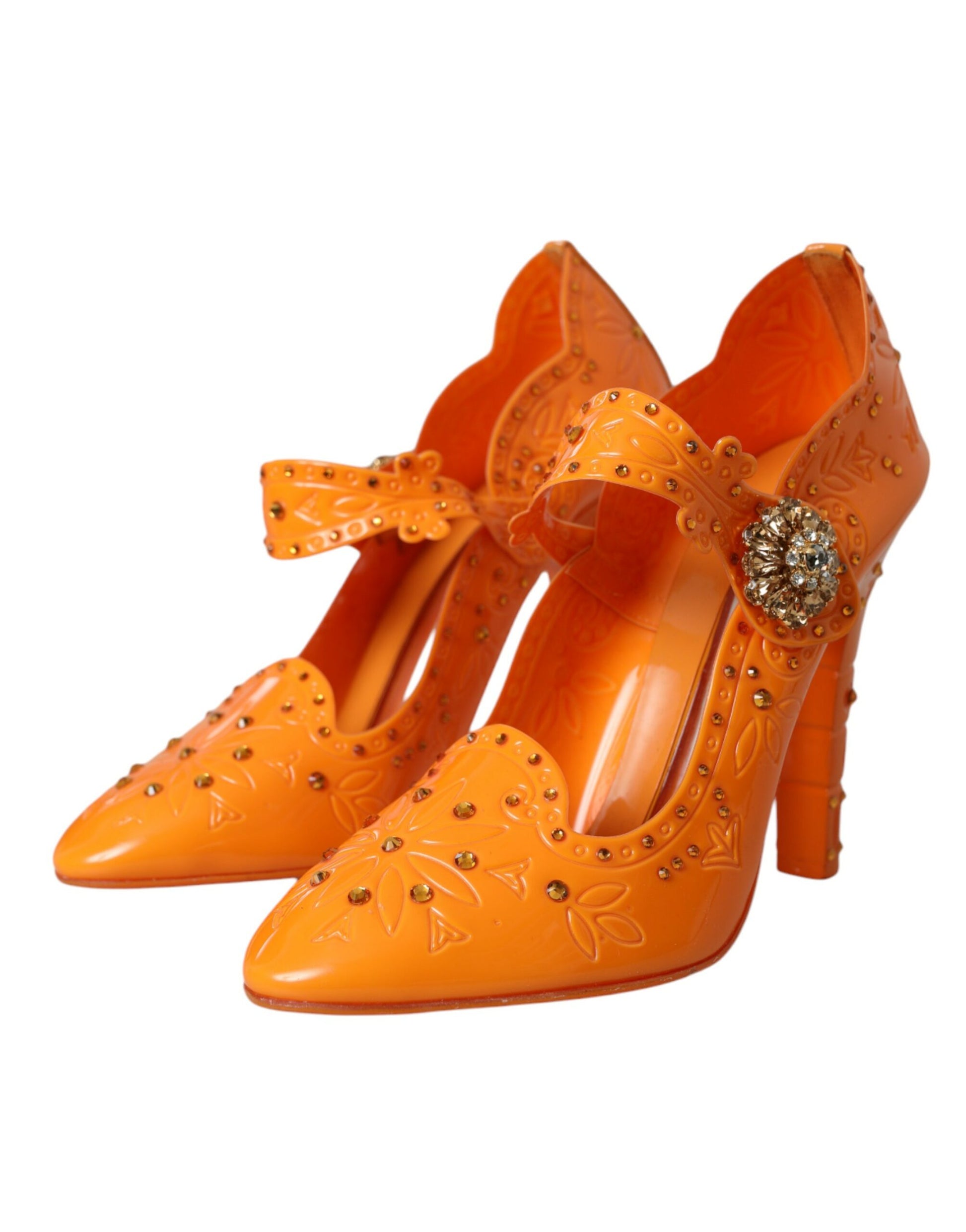 Orange CINDERELLA Pumps mit Blumenmuster und Kristallen