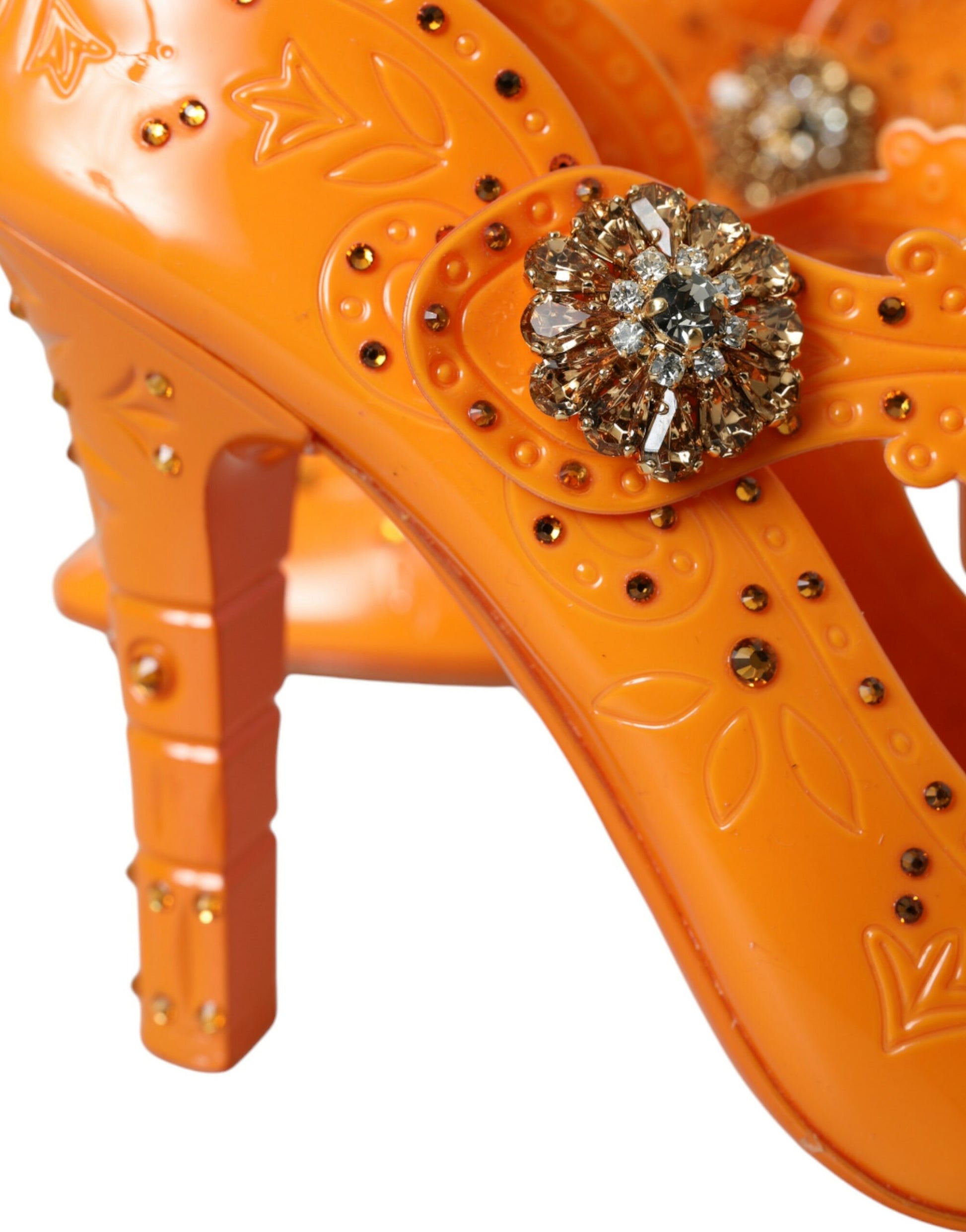 Orange CINDERELLA Pumps mit Blumenmuster und Kristallen