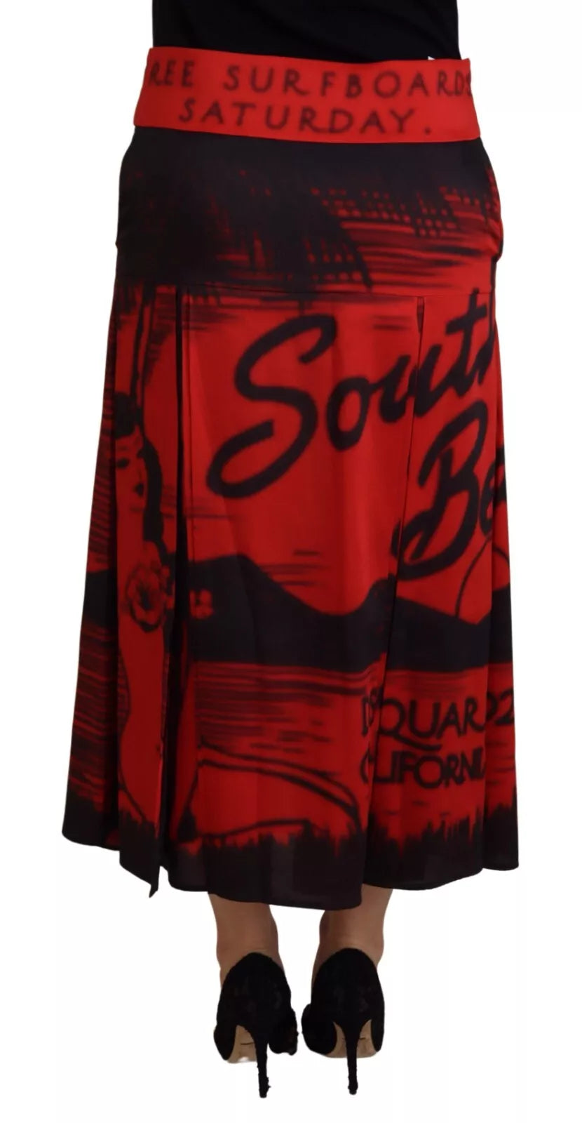 Roter bedruckter A-Linien-Midifaltenrock mit hoher Taille