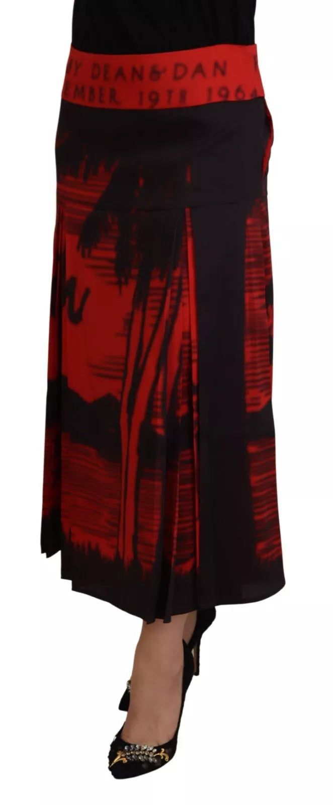 Roter bedruckter A-Linien-Midifaltenrock mit hoher Taille