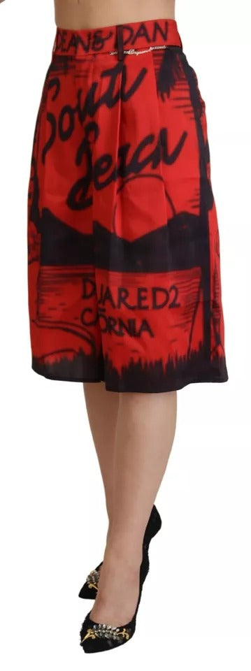 Rote, bedruckte Cropped-Hose mit hoher Taille und weitem Bein