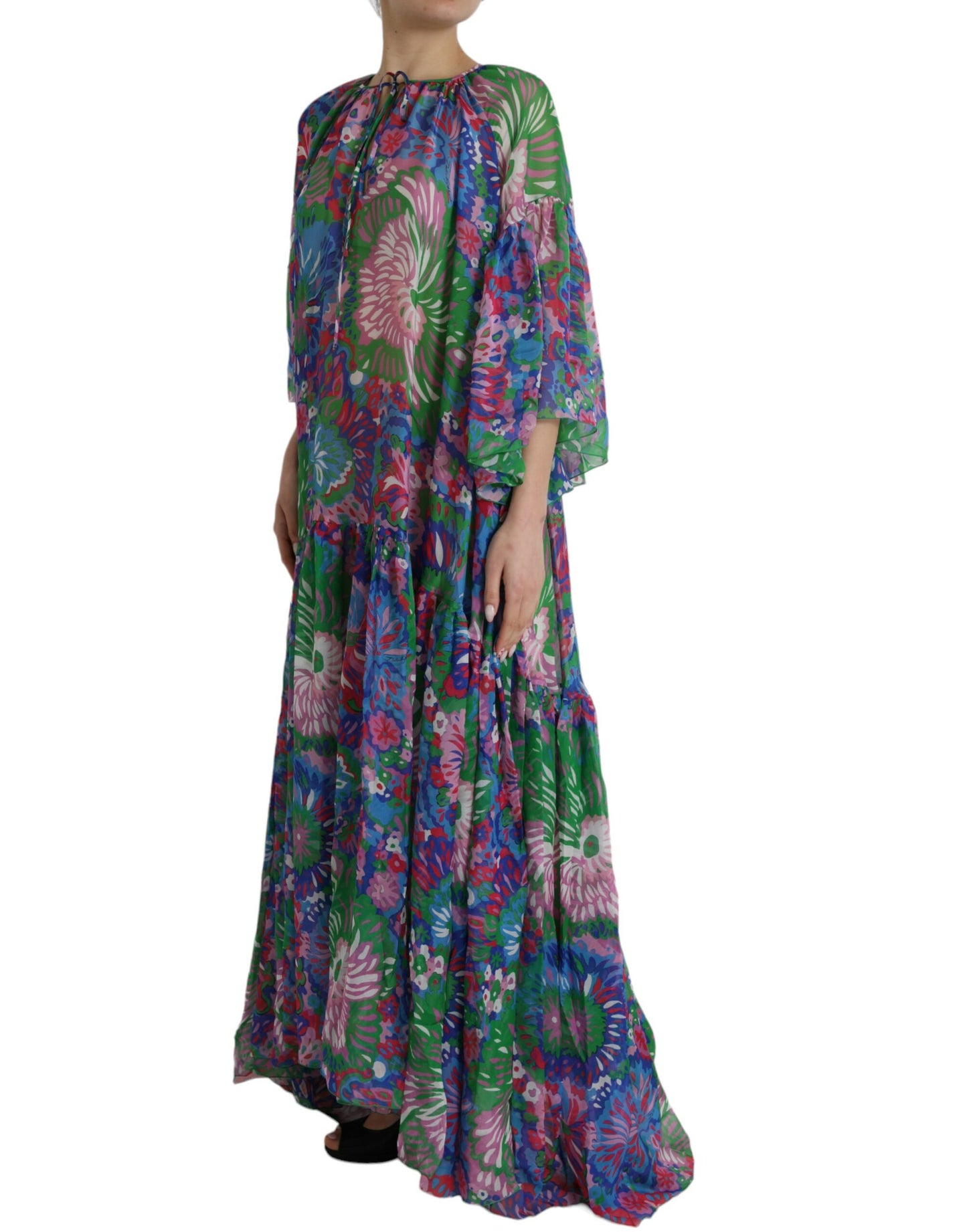 Mehrfarbiges Maxi-Kaftan-Kleid aus Seide mit Blumenmuster