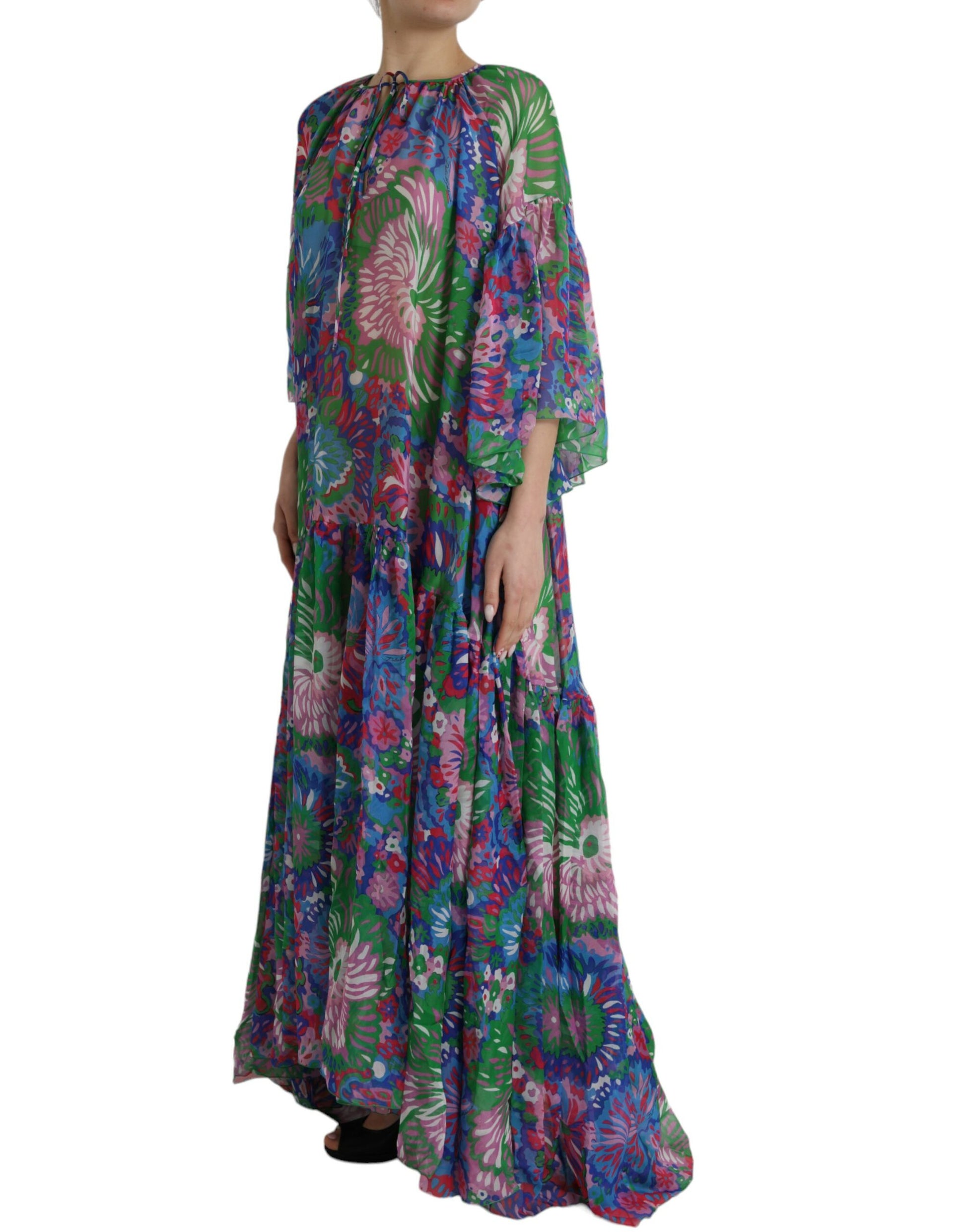 Mehrfarbiges Maxi-Kaftan-Kleid aus Seide mit Blumenmuster