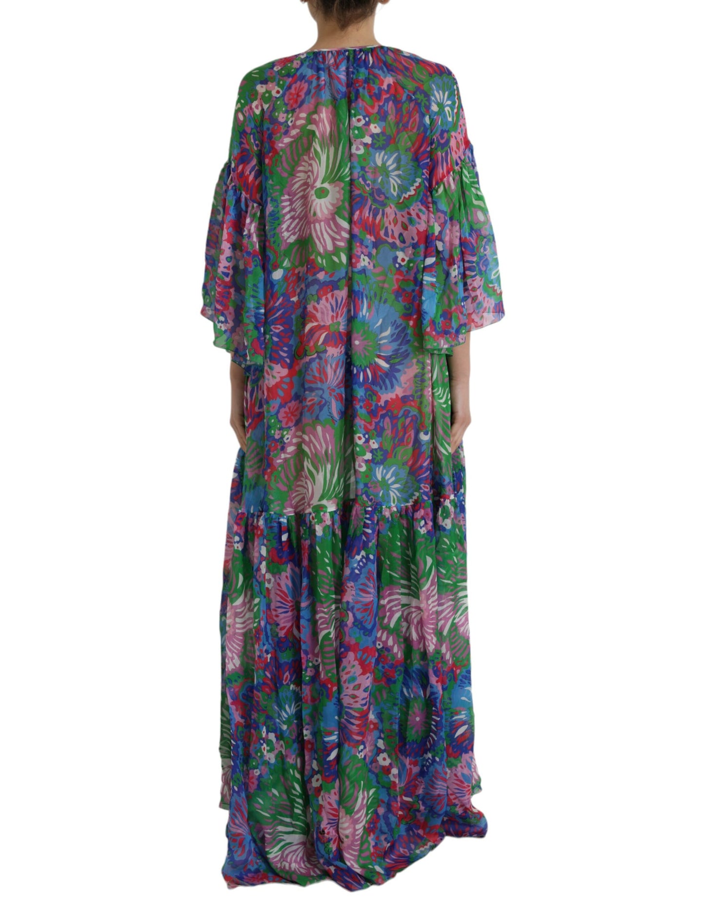 Mehrfarbiges Maxi-Kaftan-Kleid aus Seide mit Blumenmuster