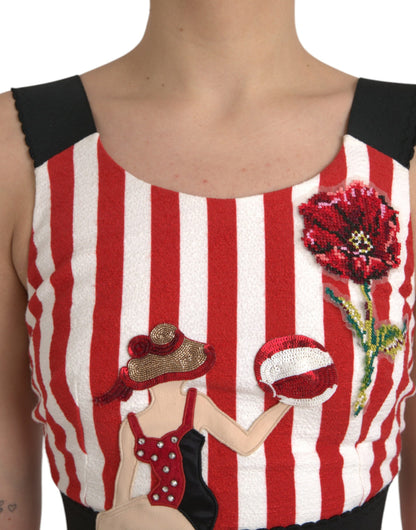 Rot-weißes, ärmelloses Midi-Etuikleid mit Blumenmuster