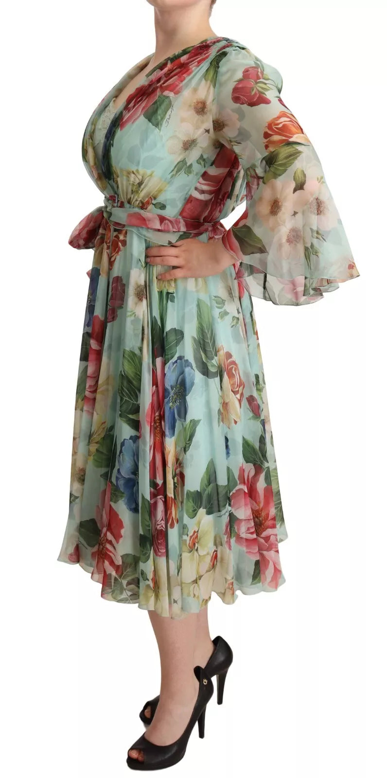 Mehrfarbiges Wickelkleid aus grüner Seide