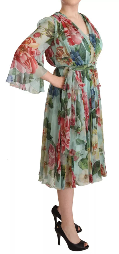 Mehrfarbiges Wickelkleid aus grüner Seide