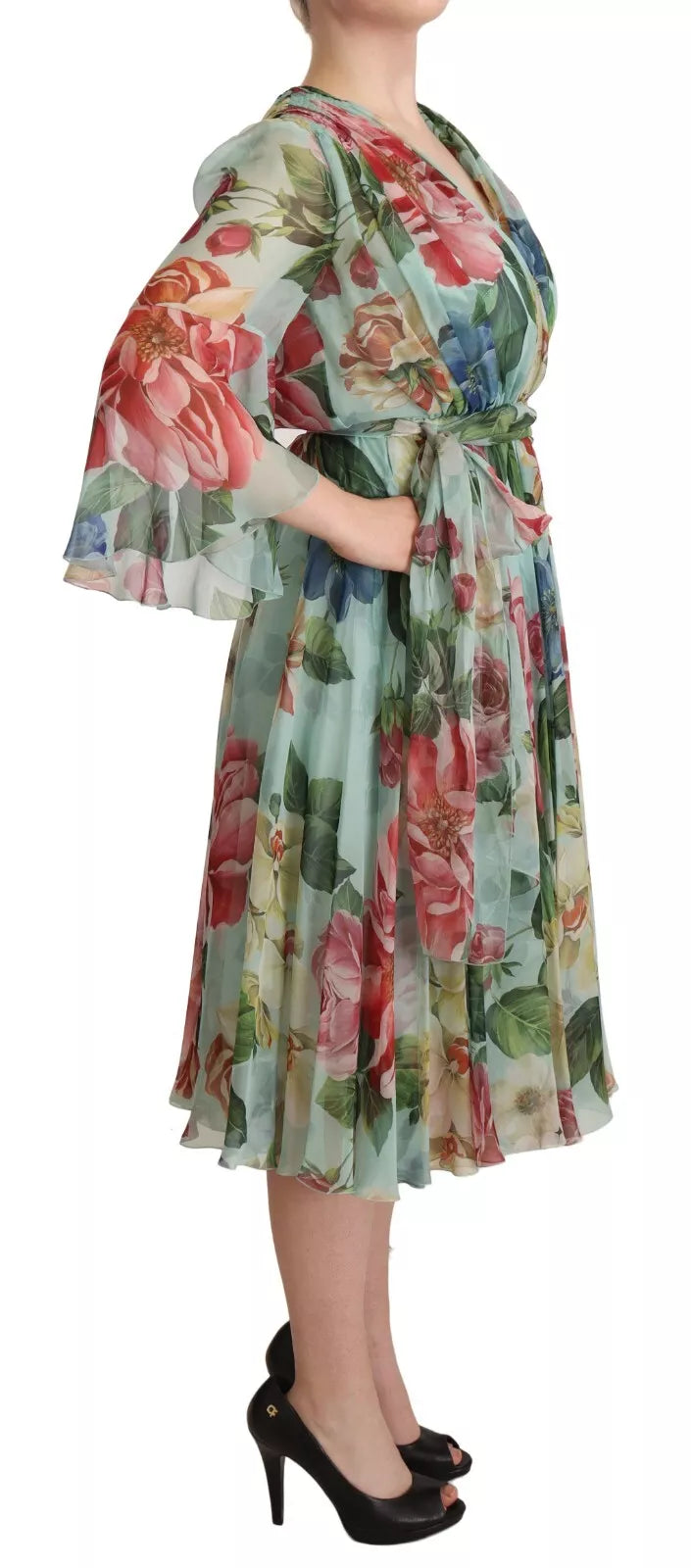 Mehrfarbiges Wickelkleid aus grüner Seide