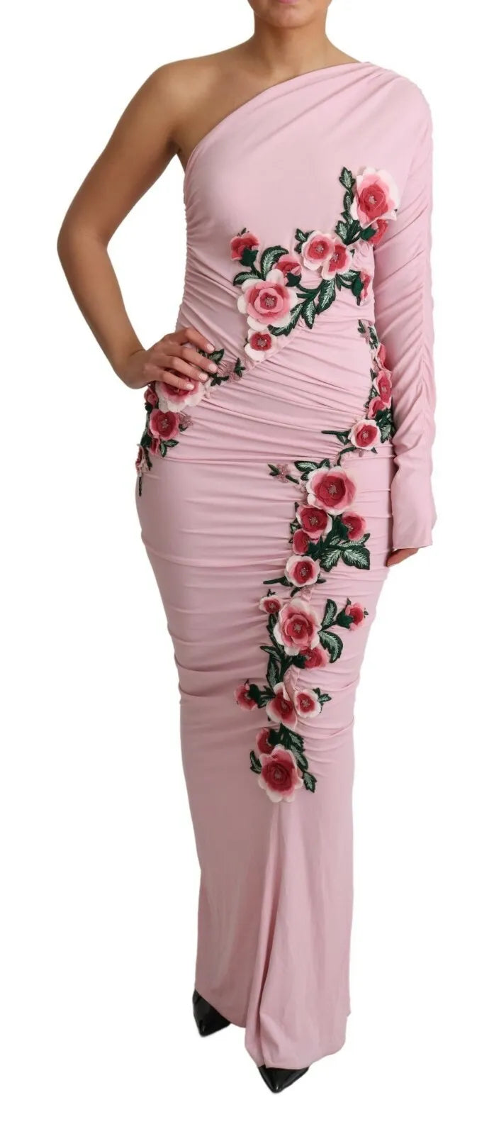 Rosafarbenes One-Shoulder-Kleid mit Blumenverzierung